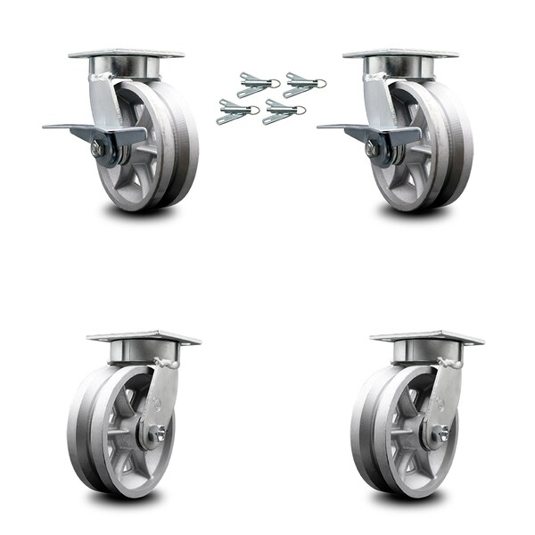 Service Caster 6 Inch Kingpinless V Groove Semi Steel Wheel Caster Swivel Locks 2 Brakes, 4PK SCC-KP30S620-VGR-SLB-BSL-2-BSL-2 - main